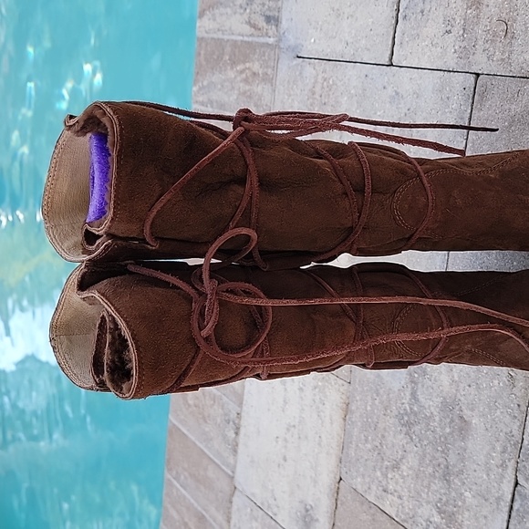 UGG Elsy Wedge Lace Up Brown Leather Sheepskin Lined Boot Size 7 - Picture 11 of 13